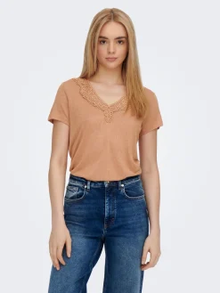ONLNICKI S/S V-NECK MIX TOP JRS - Indian Tan