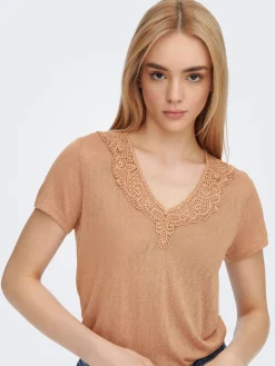 ONLNICKI S/S V-NECK MIX TOP JRS - Indian Tan