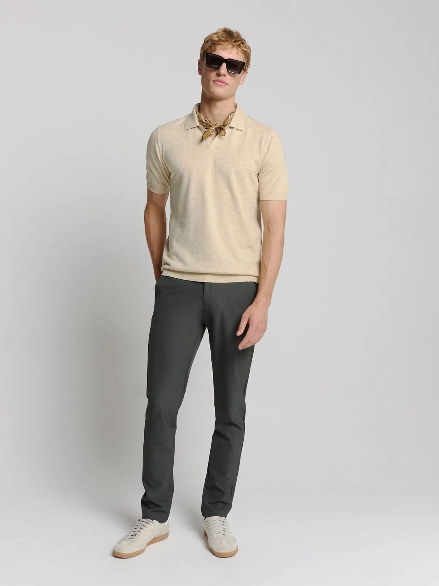 Pullover Short Sleeve Polo V Melange With Linen