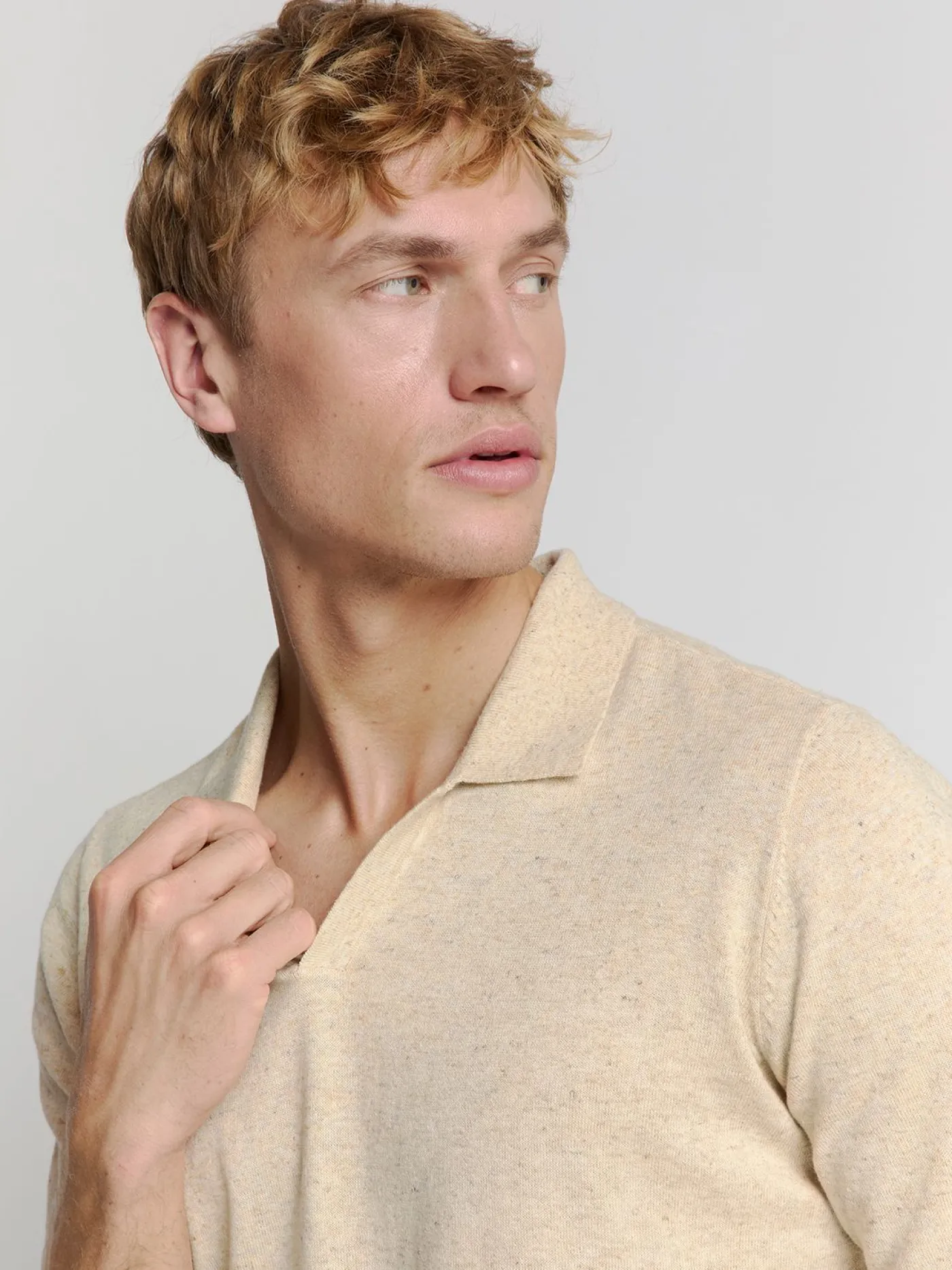 Pullover Short Sleeve Polo V Melange With Linen